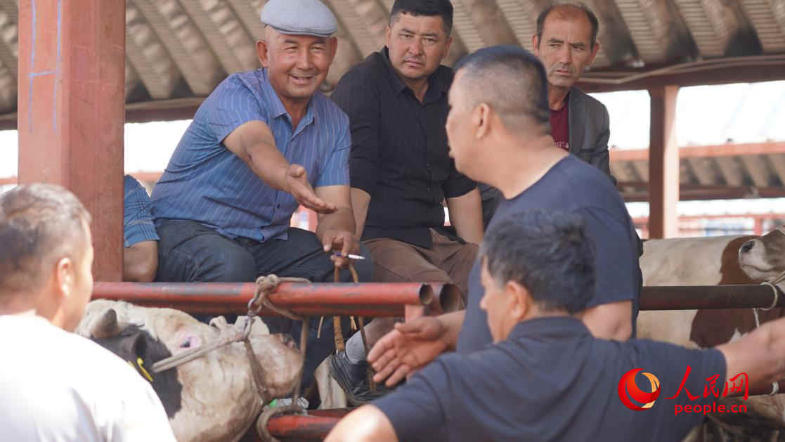 在黃公巴扎的活畜交易區(qū)雙方正在交談。人民網(wǎng) 李龍攝